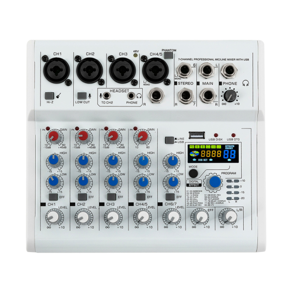 7 canales Consolas de mezcla en vivo estéreo, mezclador de audio Mezclador de música, 88 tipos de efectos digitales DPS 7 canales Consolas de mezcla en vivo estéreo, mezclador de audio Mezclador de música, 88 tipos de efectos digitales DPS