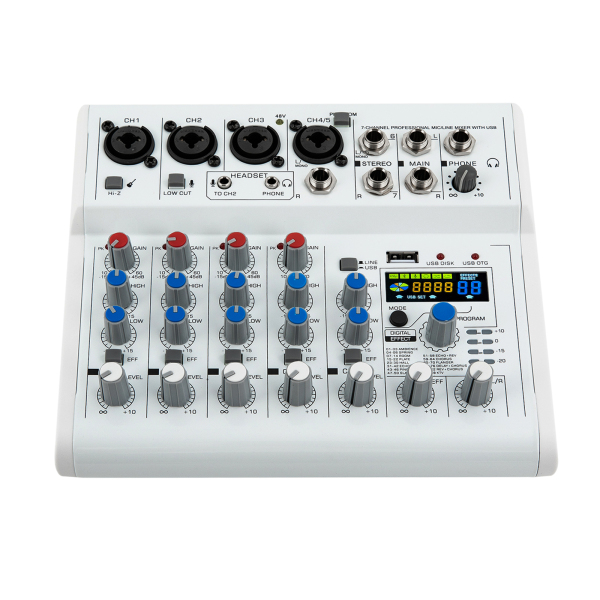 7 canales Consolas de mezcla en vivo estéreo, mezclador de audio Mezclador de música, 88 tipos de efectos digitales DPS