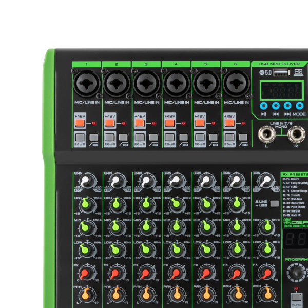 Mezclador de audio profesional de la serie DI-8UX, con 99 efectos digitales DSP Entrada USB MP3, Preamplificadores de micrófono