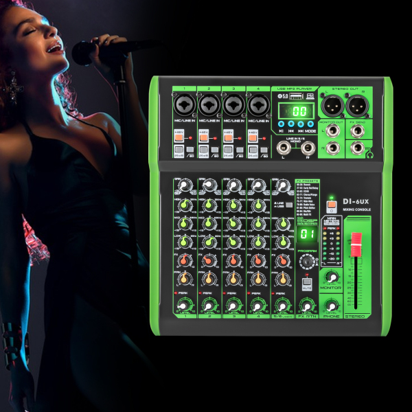 DI-6UX Mezclador de audio profesional con 99 efectos digitales DSP Entrada USB MP3 48 V Preamplificadores de micrófono