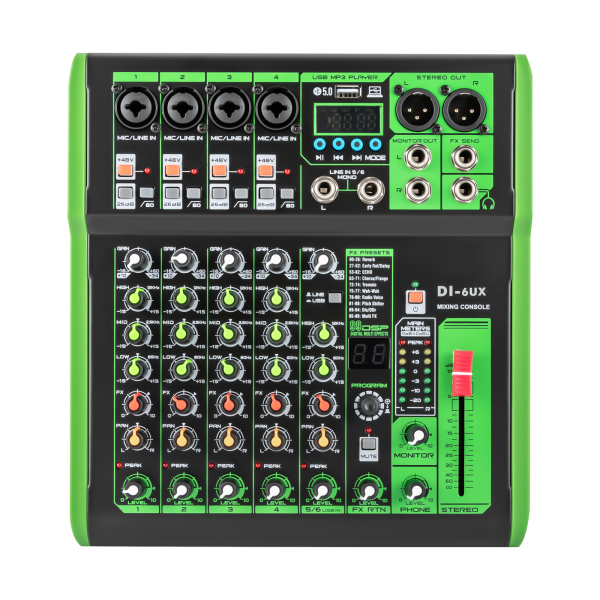 DI-6UX Mezclador de audio profesional con 99 efectos digitales DSP Entrada USB MP3 48 V Preamplificadores de micrófono DI-6UX Mezclador de audio profesional con 99 efectos digitales DSP Entrada USB MP3 48 V Preamplificadores de micrófono