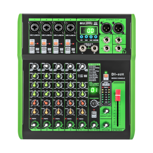 DI-6UX Mezclador de audio profesional con 99 efectos digitales DSP Entrada USB MP3 48 V Preamplificadores de micrófono