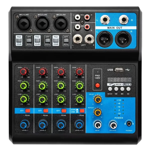 Mini - Mezclador de audio para DJ Mezclador en vivo Bluetooth, 5 / 4 canales con USB e interfaz de audio