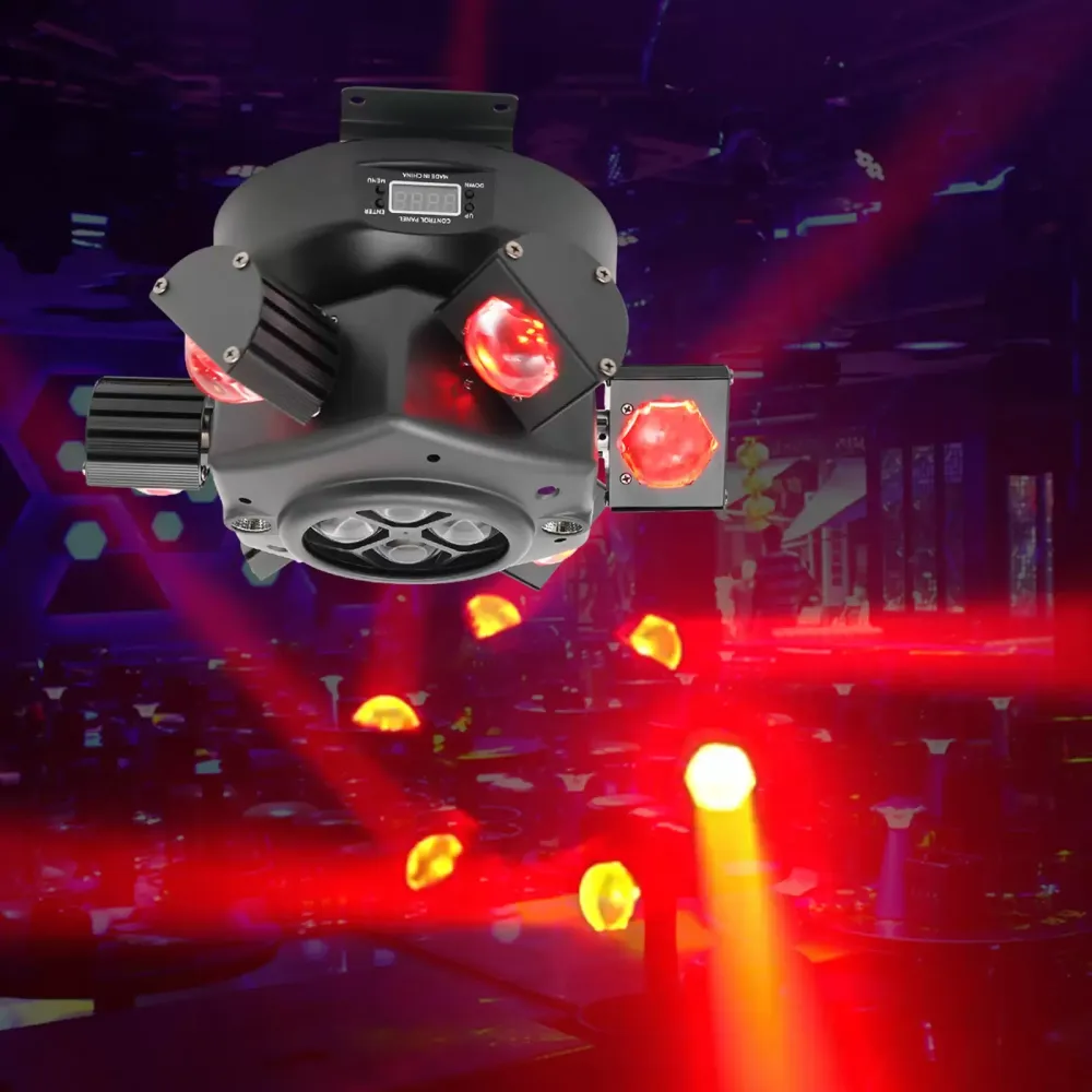 Luz de cabeza móvil de 150 W, foco LED RGBW, luz de escenario con efecto de luz activado por sonido DMX512, con 6 brazos de luz para DJ, bar, boda