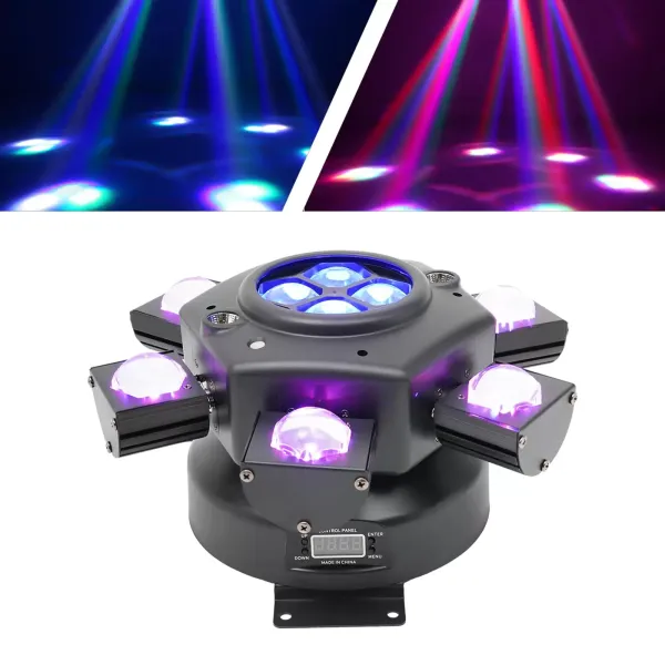Luz de cabeza móvil de 150 W, foco LED RGBW, luz de escenario con efecto de luz activado por sonido DMX512, con 6 brazos de luz para DJ, bar, boda