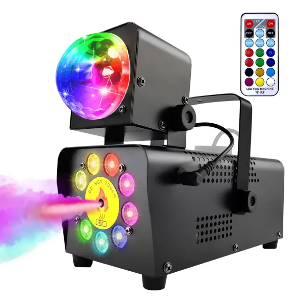 Máquina de humo de 500 W con bola de discoteca 12 LED RGB con mando a distancia 2000 CFM, pulverizadores automáticos portátiles y coloridos para bodas