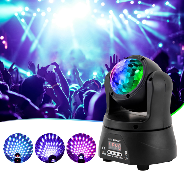 Luz LED de cabeza móvil de 30 W, luces de DJ de doble cara con caleidoscopio e iluminación de escenario por DMX