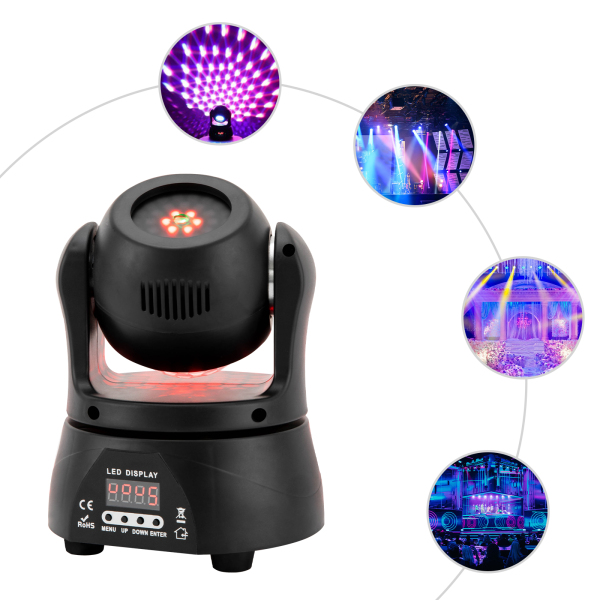 Luz LED de cabeza móvil de 30 W, luces de DJ de doble cara con caleidoscopio e iluminación de escenario por DMX