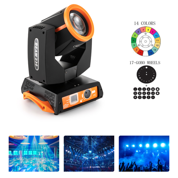 7R 230W Haz de Luz Cabeza Móvil, 17 Gobos RGBW Iluminación de Escenario, 14 Colores Luces DJ 16ch, Rotación multiángulo