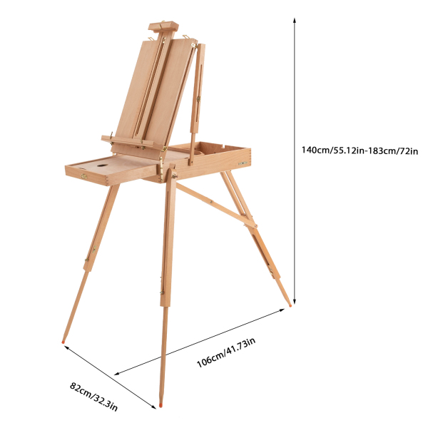 Caballete de madera estilo francés con patas plegables, cajón y bandeja para paleta, caballete para dibujar y exponer