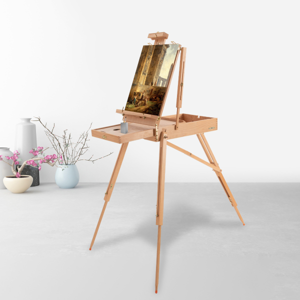 Caballete de madera estilo francés con patas plegables, cajón y bandeja para paleta, caballete para dibujar y exponer
