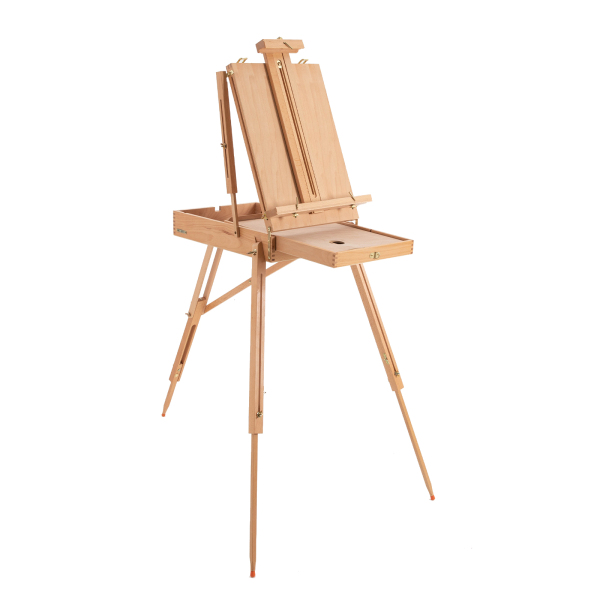 Caballete de madera estilo francés con patas plegables, cajón y bandeja para paleta, caballete para dibujar y exponer
