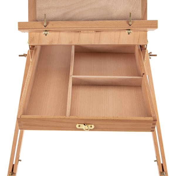 Caballete de madera estilo francés con patas plegables, cajón y bandeja para paleta, caballete para dibujar y exponer