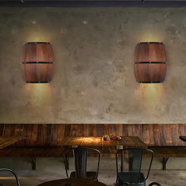 Lámpara de pared de madera vintage, Aplique barril semicircular diámetro 20 x H 31CM, estilo industrial rústico, madera y lámpara de pared antigua