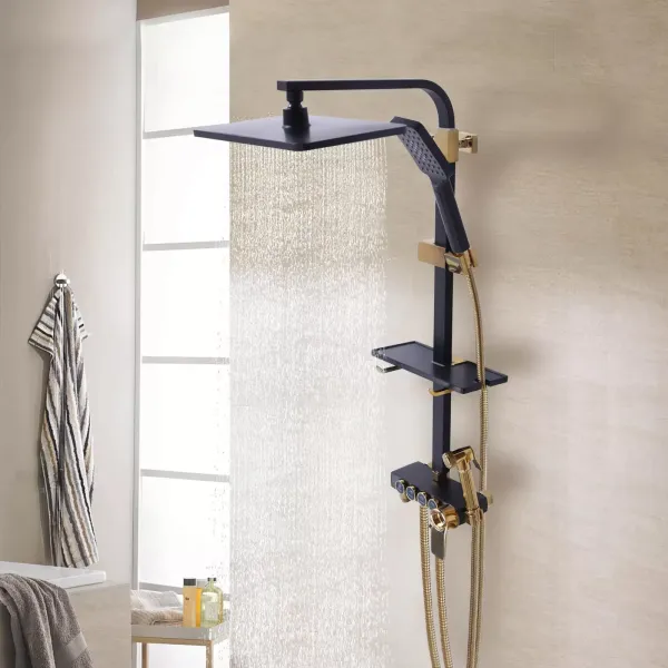 Sistema de ducha para el hogar con termostato de acero inoxidable, versátil set de ducha 85-125 cm, barra de ducha ajustable, negro y dorado