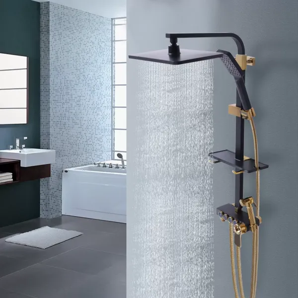 Sistema de ducha para el hogar con termostato de acero inoxidable, versátil set de ducha 85-125 cm, barra de ducha ajustable, negro y dorado