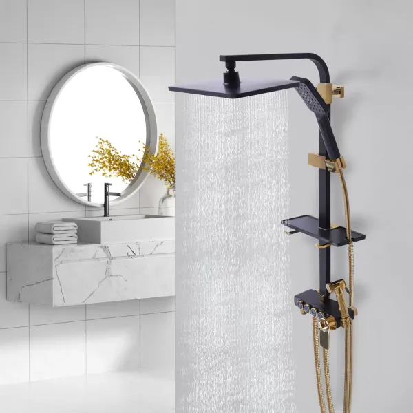 Sistema de ducha para el hogar con termostato de acero inoxidable, versátil set de ducha 85-125 cm, barra de ducha ajustable, negro y dorado