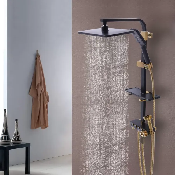 Sistema de ducha para el hogar con termostato de acero inoxidable, versátil set de ducha 85-125 cm, barra de ducha ajustable, negro y dorado