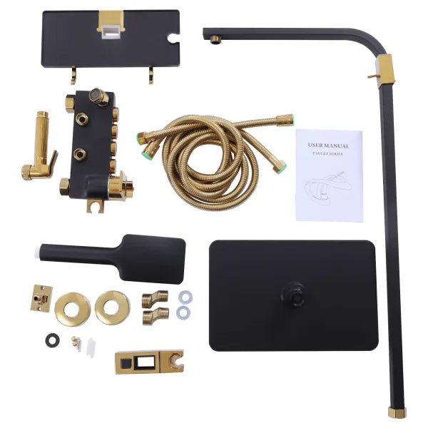 Sistema de ducha para el hogar con termostato de acero inoxidable, versátil set de ducha 85-125 cm, barra de ducha ajustable, negro y dorado