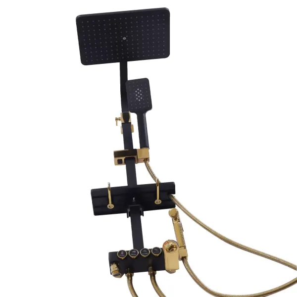 Sistema de ducha para el hogar con termostato de acero inoxidable, versátil set de ducha 85-125 cm, barra de ducha ajustable, negro y dorado Sistema de ducha para el hogar con termostato de acero inoxidable, versátil set de ducha 85-125 cm, barra de ducha ajustable, negro y dorado