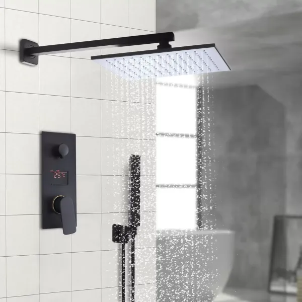 Sistema de ducha empotrado, sistema de ducha de lluvia con pantalla digital, LED, 12 pulgadas, mate, ducha de mano moderno, color negro