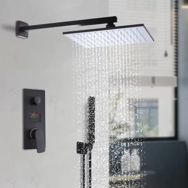 Sistema de ducha empotrado, sistema de ducha de lluvia con pantalla digital, LED, 12 pulgadas, mate, ducha de mano moderno, color negro